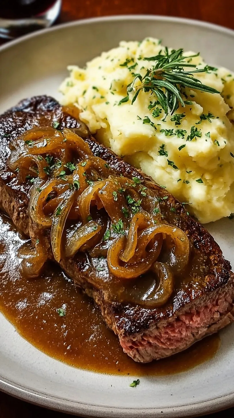 Tender smothered steak topped with thick onion gravy on a bed of creamy mashed potatoes.