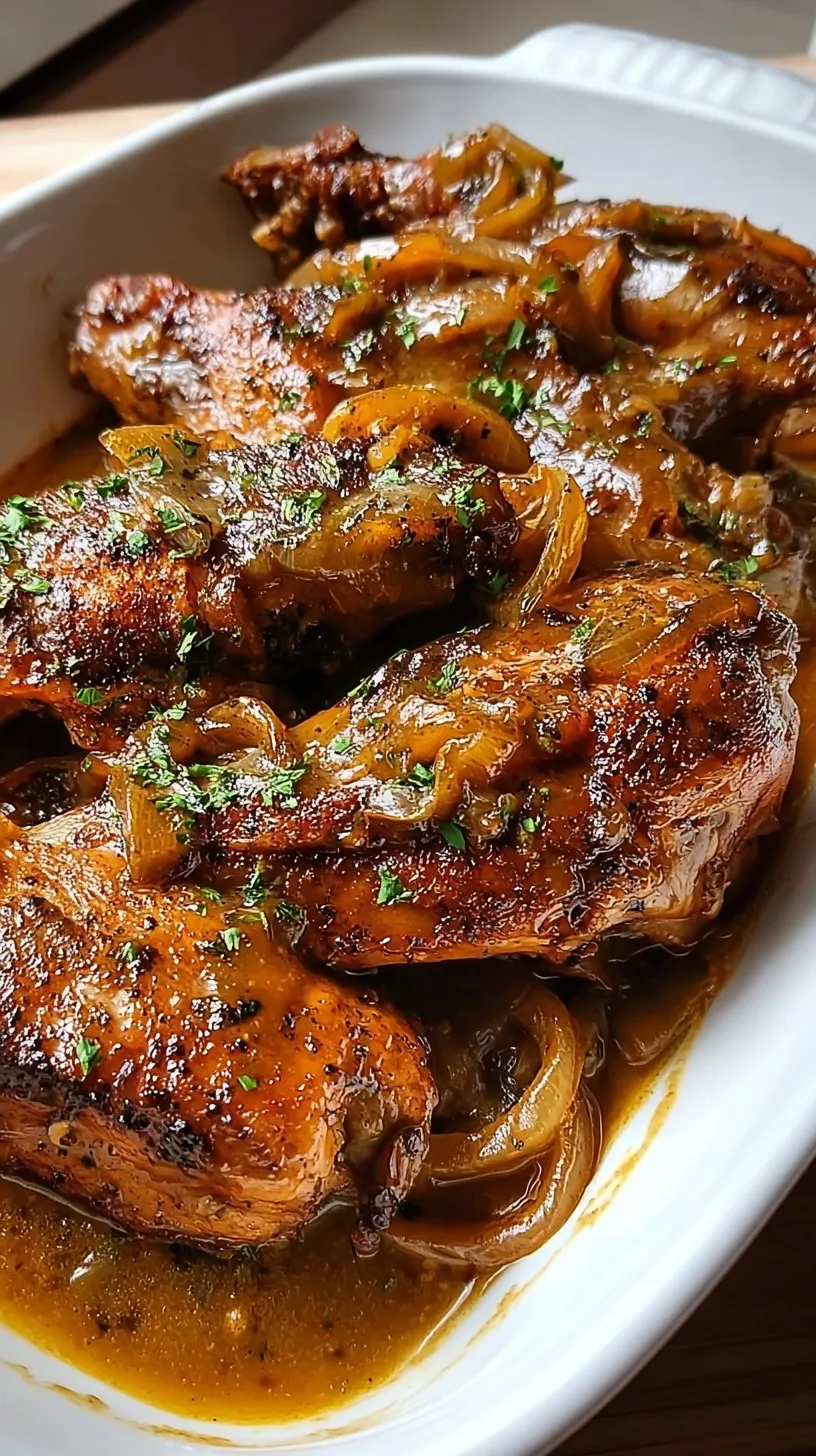 Large baking dish filled with golden brown turkey wings smothered in rich brown gravy and sliced vegetables.