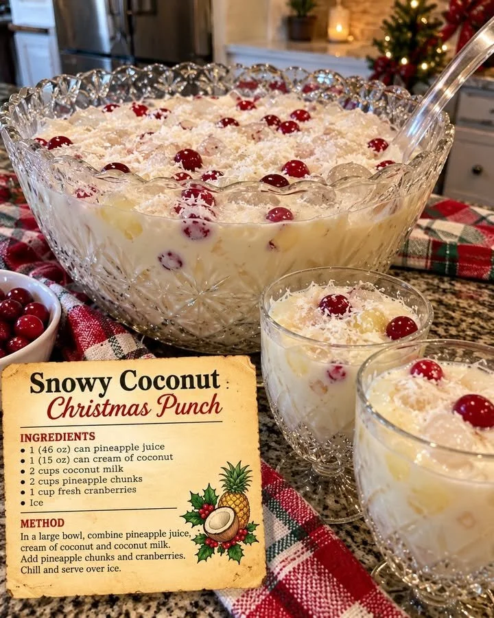 Snowy Coconut Christmas Punch in a festive glass garnished with coconut and mint
