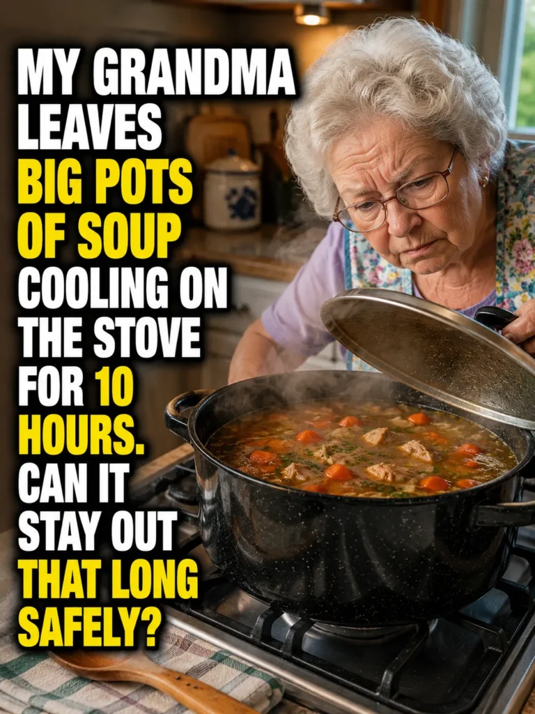 Large pot of homemade soup cooling on a kitchen stove