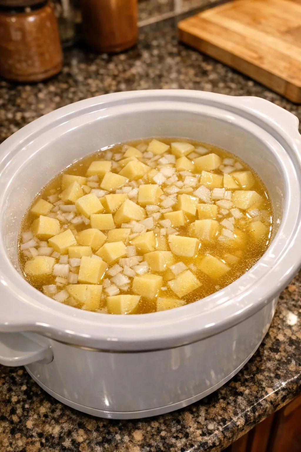 Potatoes and onion cooking in broth