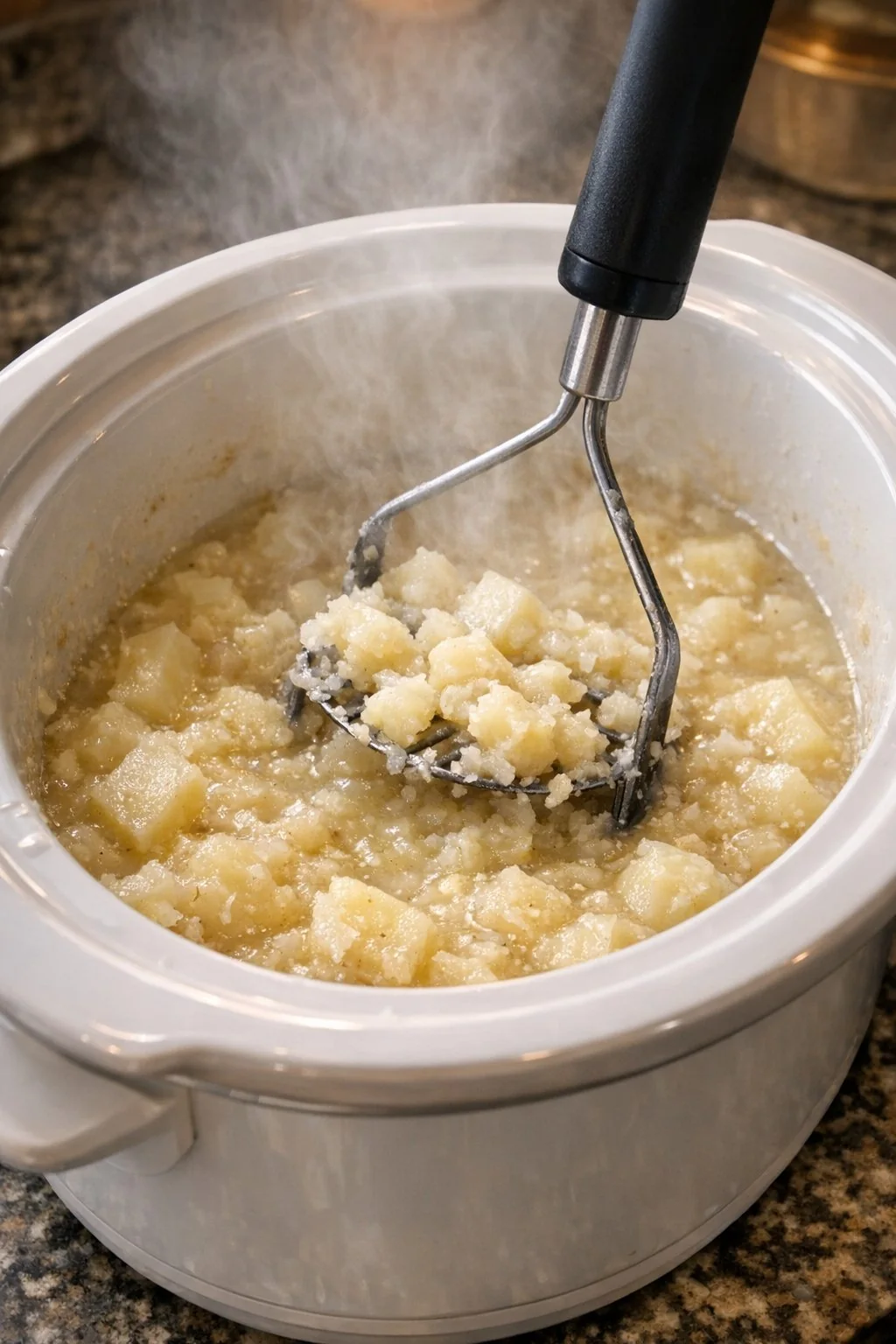 Mashing tender potatoes in the slow cooker
