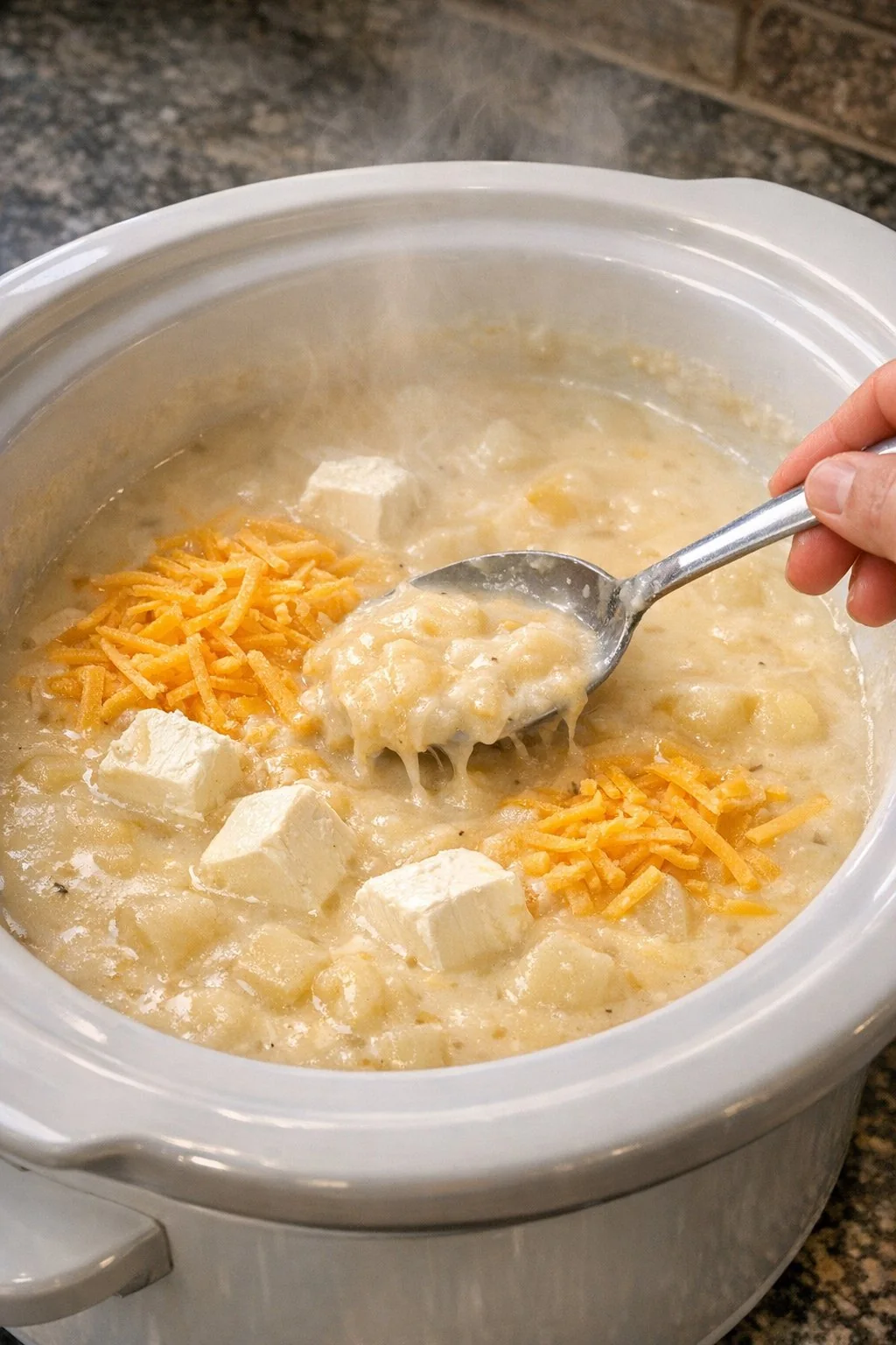 Melting cream cheese and cheddar into the soup