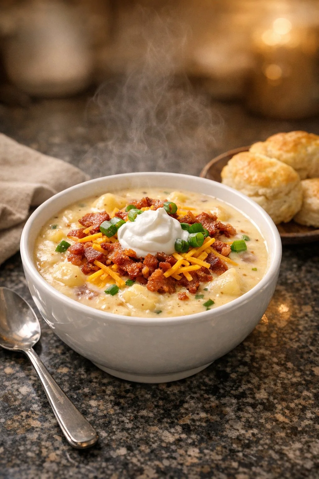 Loaded potato soup served with toppings