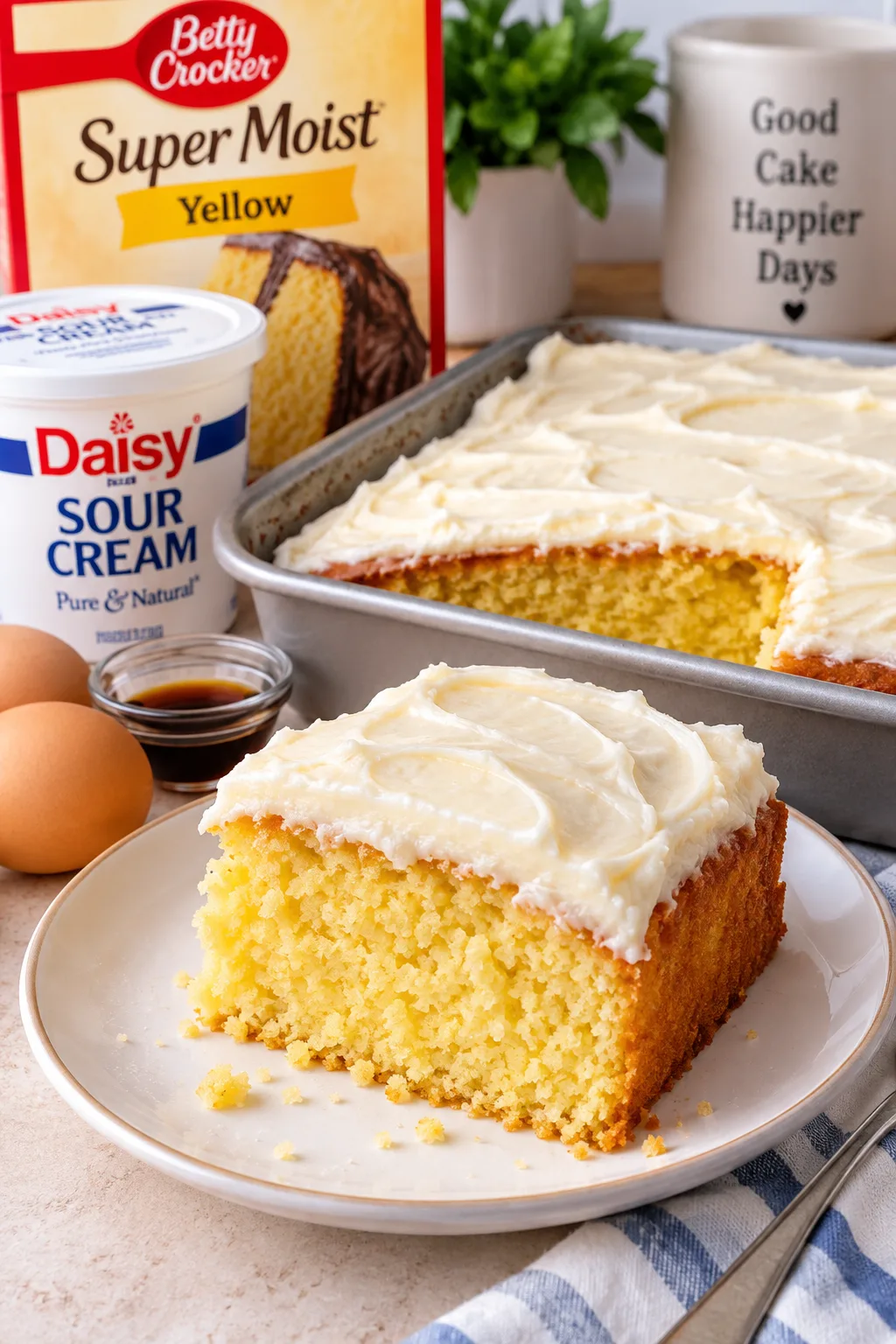 Sour cream yellow cake made from boxed cake mix instead of oil, sliced to show the moist, tender crumb.