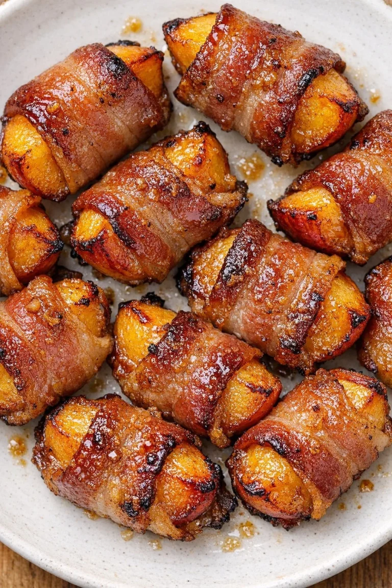Bacon wrapped peaches on a platter, a delicious Southern appetizer.
