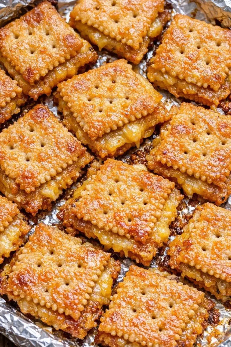 Three cheesy cracker squares on a plate with a sprinkle of herbs