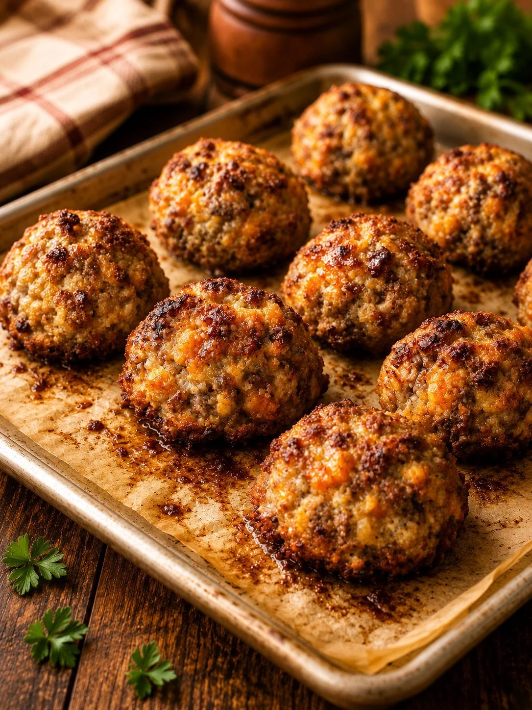 Plate of classic Southern 3-ingredient sausage balls fresh from the oven.