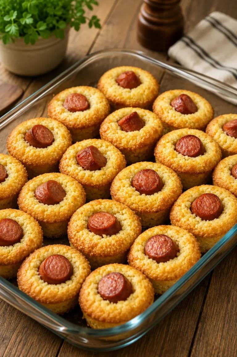 Southern 3-Ingredient Corn Dog Bites baked until golden brown and served with ketchup and mustard for dipping.