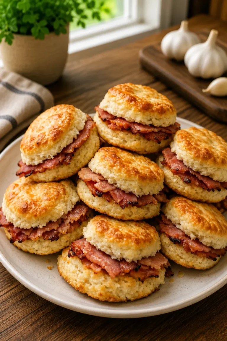 Southern 3-Ingredient Country Ham Biscuits freshly baked until golden brown and served warm on a white platter.