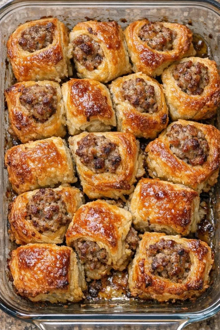 Southern 3-Ingredient Flaky Sausage Bites on a plate garnished with herbs