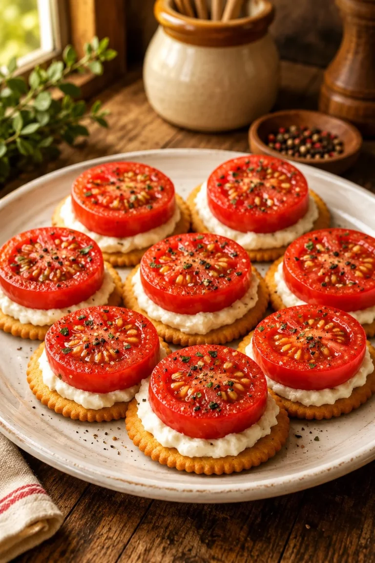 Plate of Southern 3-Ingredient Fresh Tomato Bites garnished and ready to serve.
