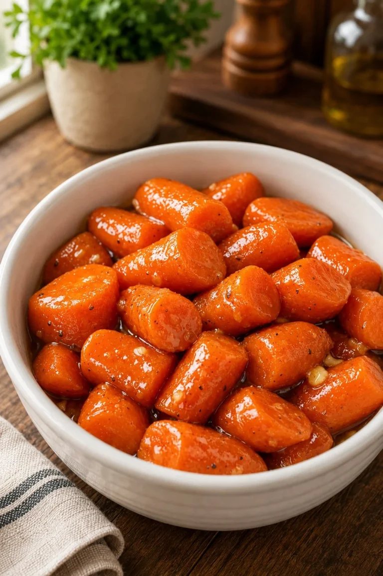 Plate of Southern 3-Ingredient Honey Glazed Carrots garnished with herbs.