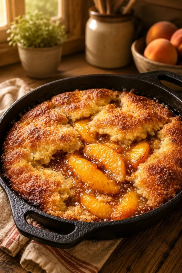 Delicious Southern 3-Ingredient Peach Cobbler fresh out of the oven