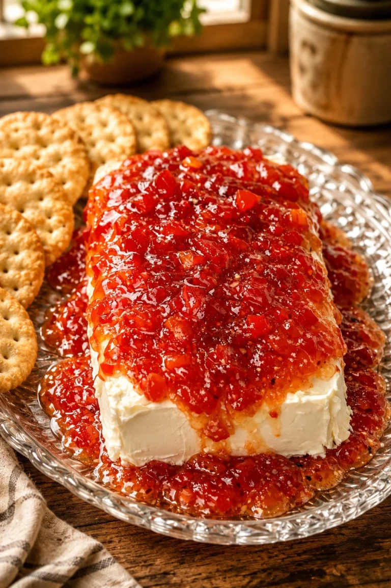 Southern 3-Ingredient Pepper Jelly Dip served with crackers and veggies