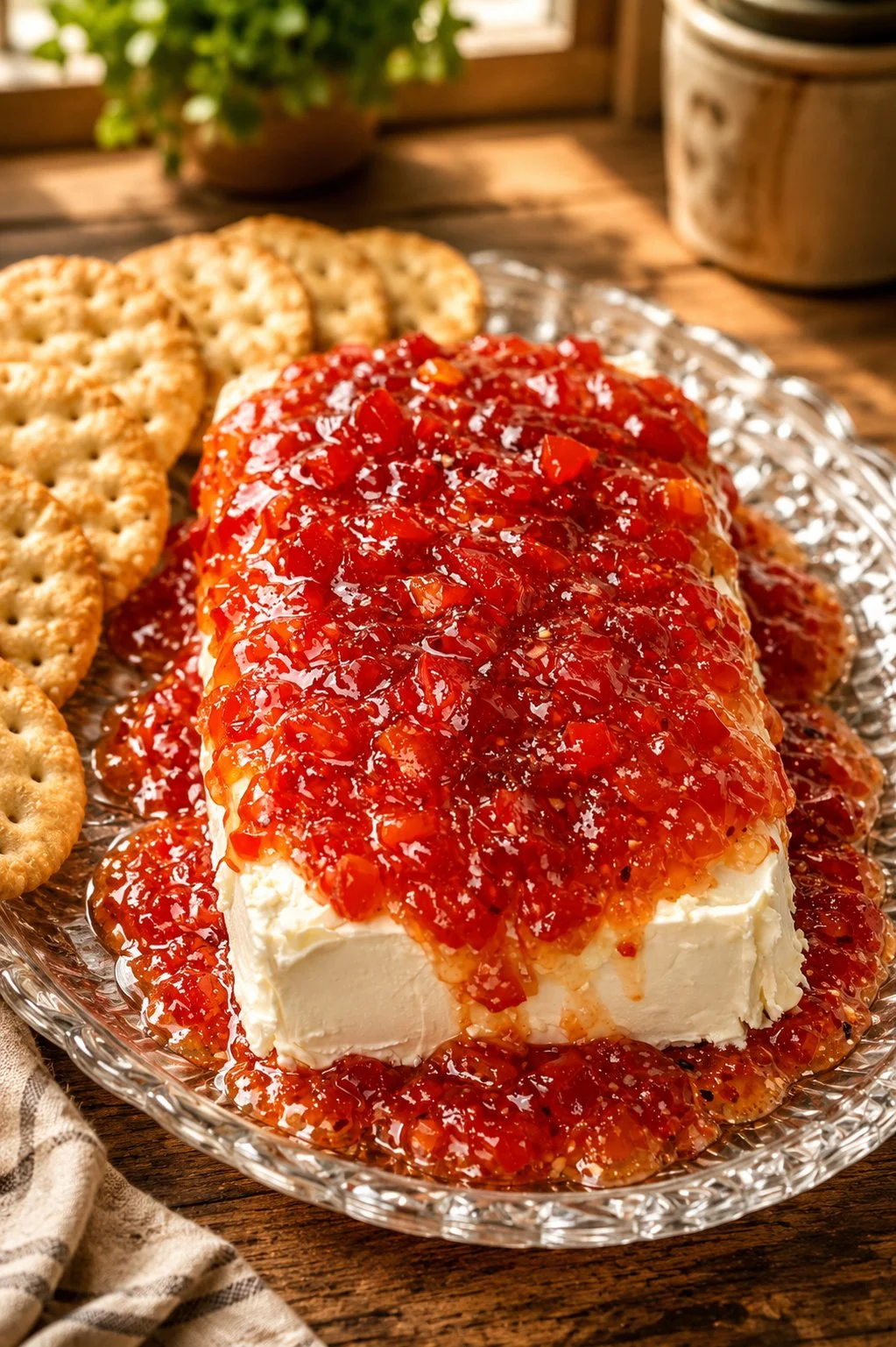 Southern 3-Ingredient Pepper Jelly Dip served with crackers and veggies