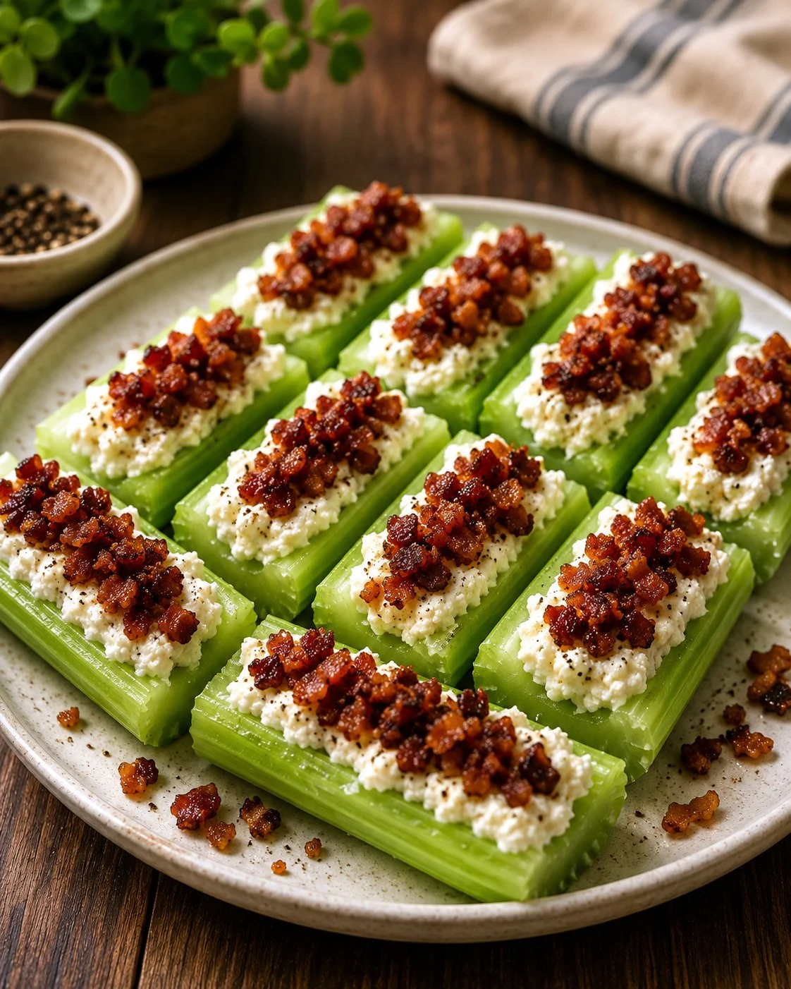 Delicious Southern bacon stuffed celery appetizer on a plate
