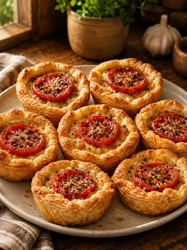 Southern 4-ingredient mini tomato pies served on a rustic wooden table