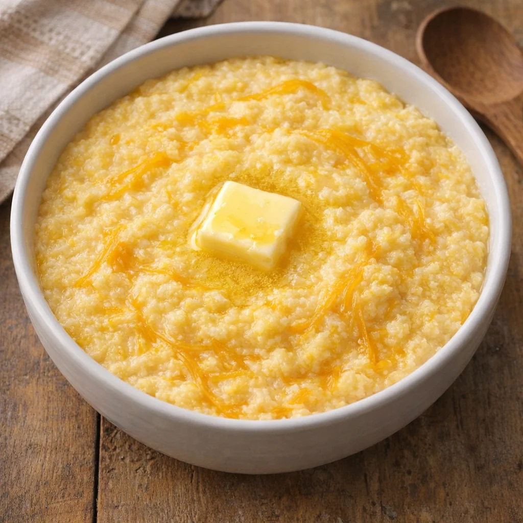 Creamy Southern cheddar cheese grits topped with melted butter in a bowl