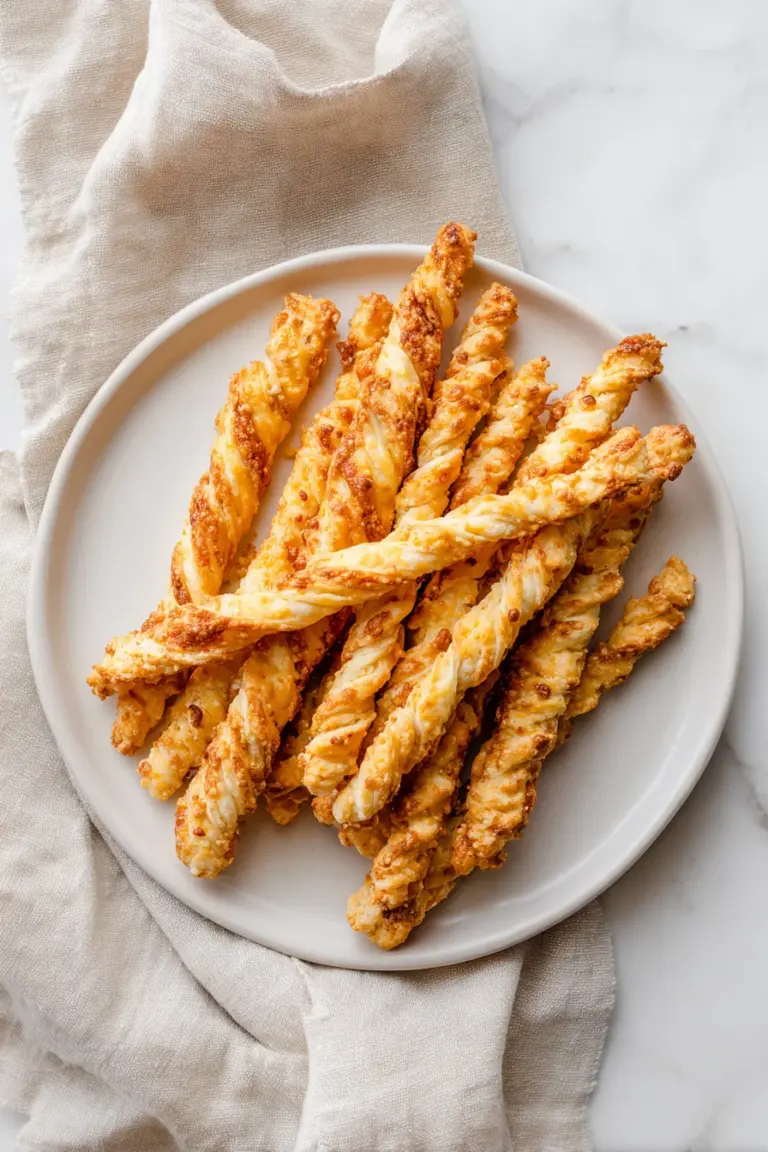 Crisp Southern cheddar cheese straws piled on a white plate