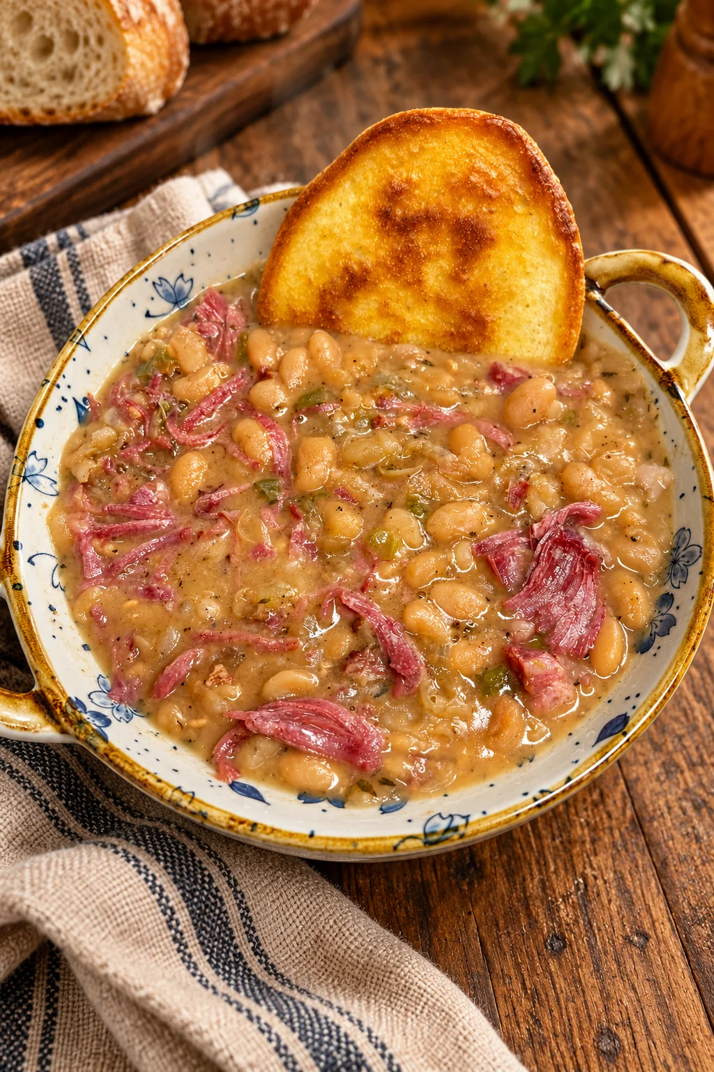 Bowl of creamy white beans with shredded smoked ham and toasted bread