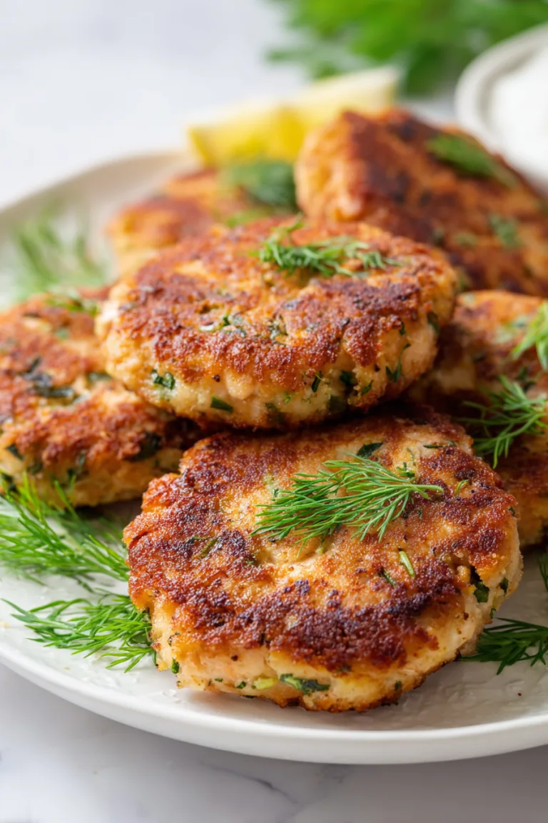 Golden salmon patties garnished with herbs on a white plate