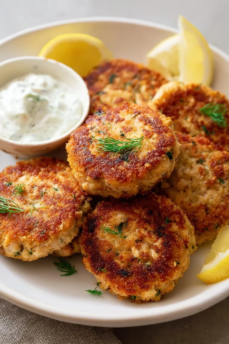 Southern salmon patties fried until golden brown, served on a plate.
