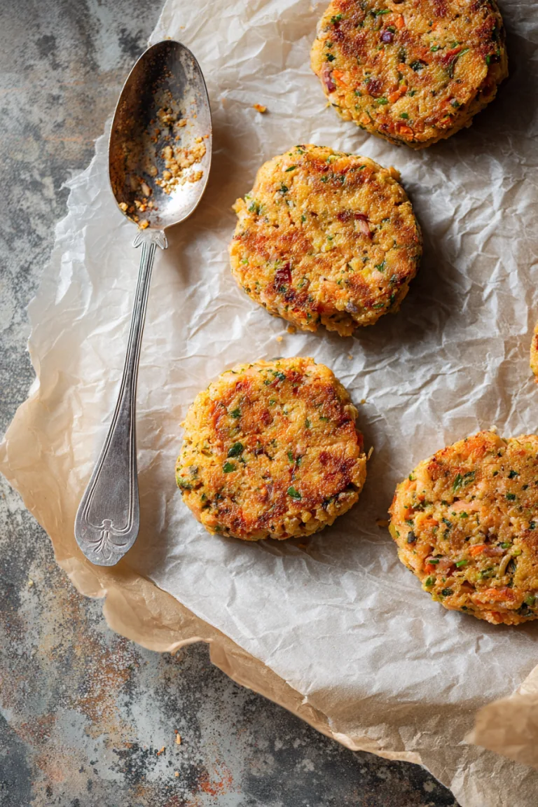 Cooked salmon patties cooling on parchment beside a spoon