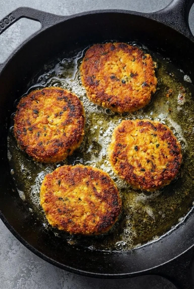 Salmon patties frying in a cast iron skillet