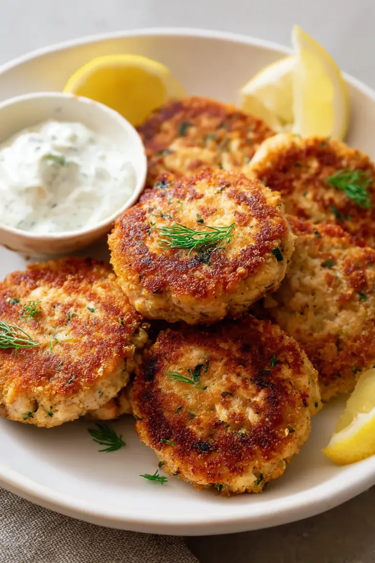 Golden Southern salmon patties served with lemon and dipping sauce