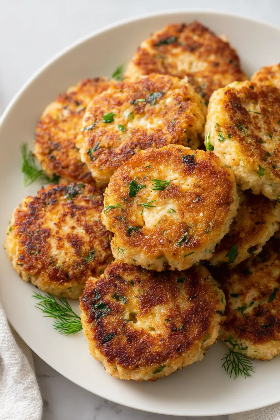 Close-up of crisp golden Southern salmon patties on a plate
