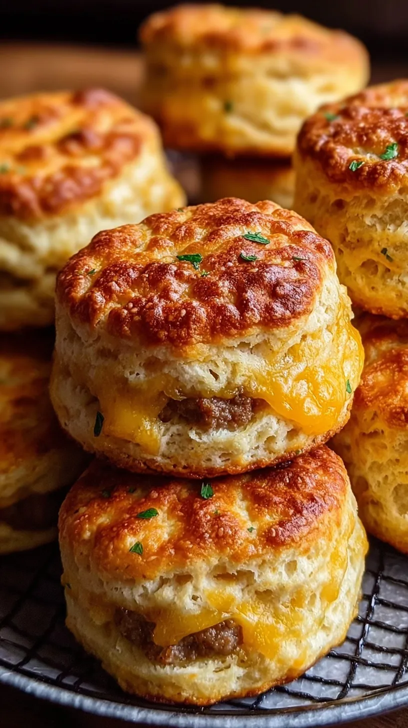 A stack of warm Southern Sausage Biscuits with golden crusts and juicy sausage patties.