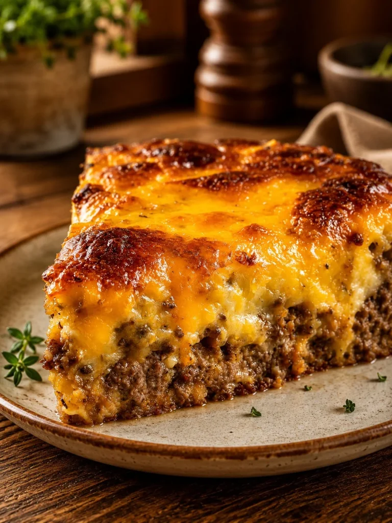 Southern Style Cheeseburger Pie served in a rustic dish, showcasing its hearty ingredients.