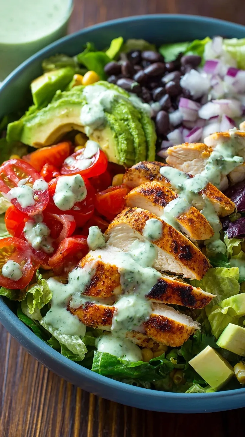 A vibrant Southwestern Chicken Salad topped with grilled chicken and avocado