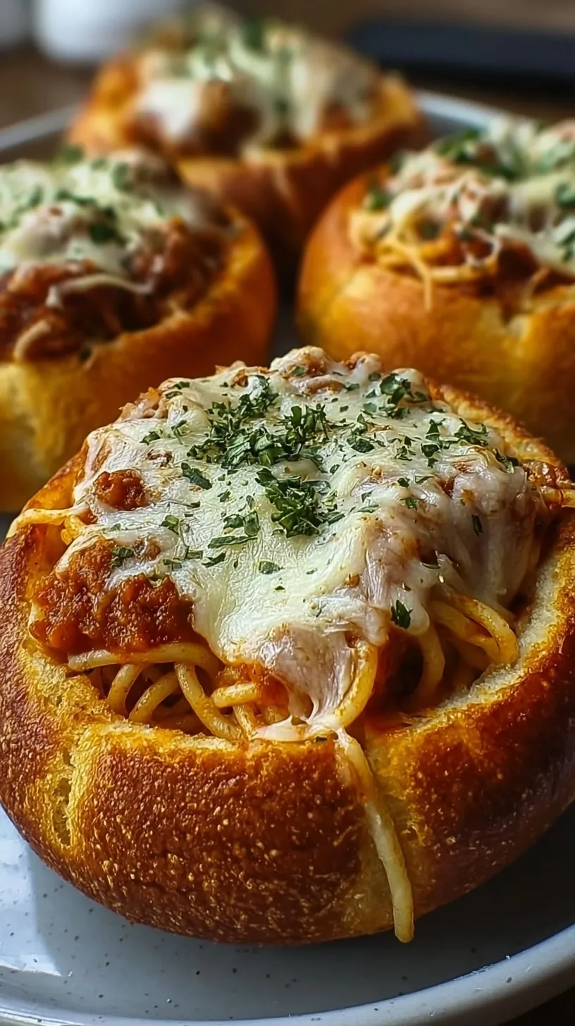 Four Italian bread bowls filled with spaghetti marinara and topped with melted mozzarella cheese.