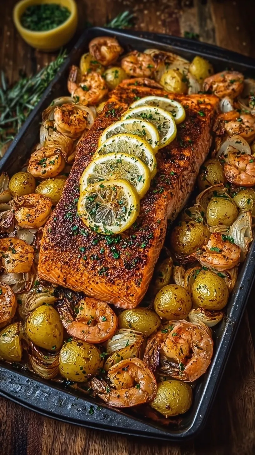 A large baking sheet filled with roasted salmon fillets, jumbo shrimp, green asparagus, and red bell peppers with lemon slices.