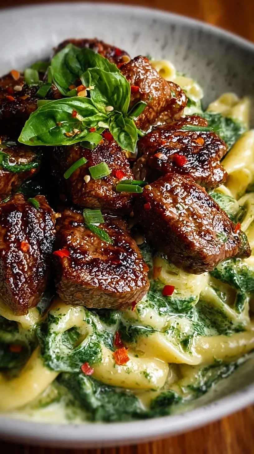 Seared steak bites on top of creamy fettuccine with spinach and garlic butter sauce