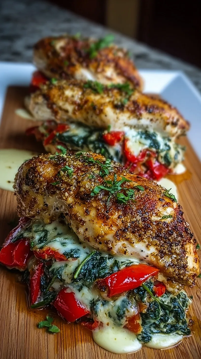 Golden brown stuffed chicken breast with creamy spinach and red pepper filling
