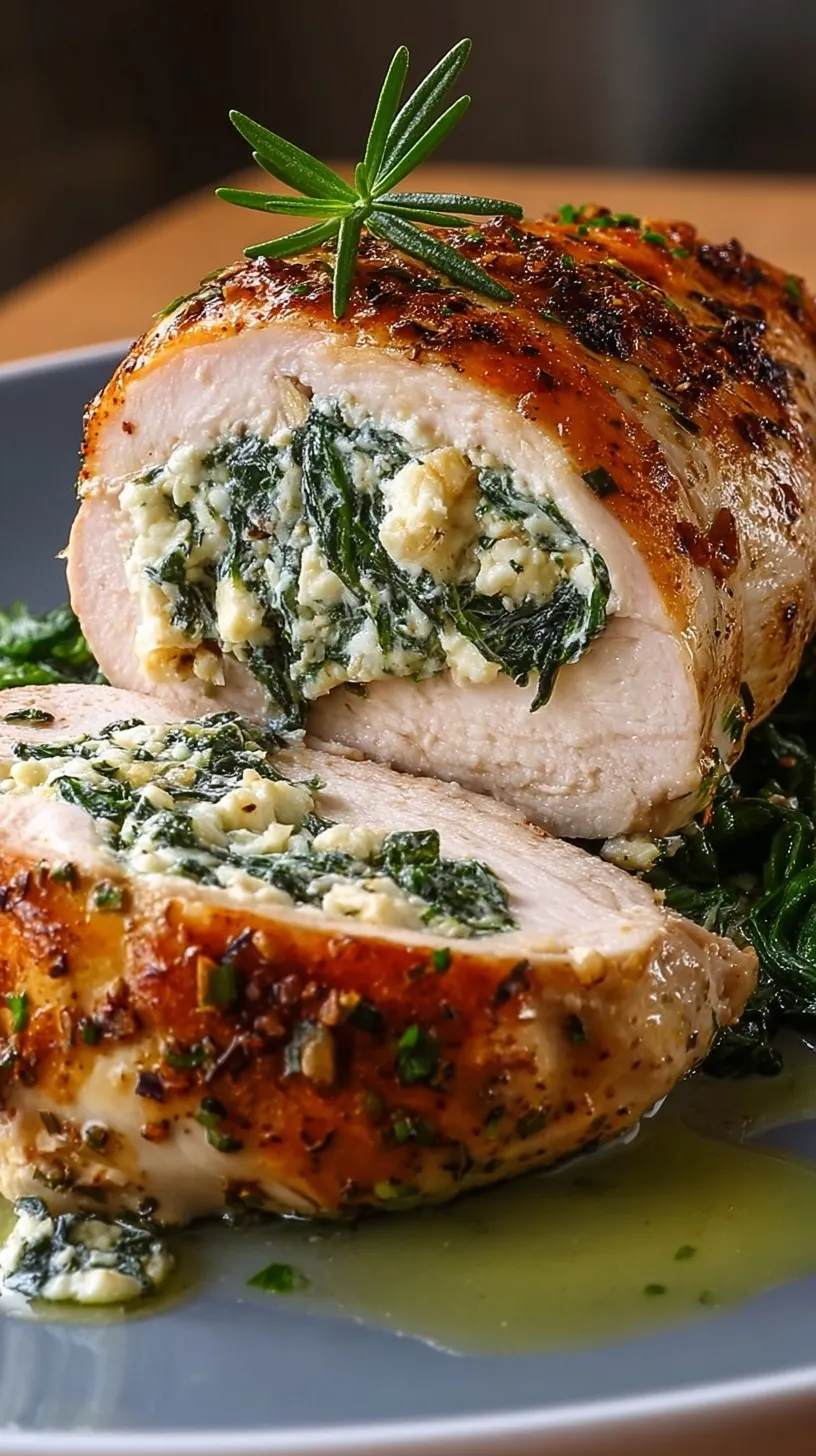 Golden brown chicken breast stuffed with creamy spinach and cheese in a skillet