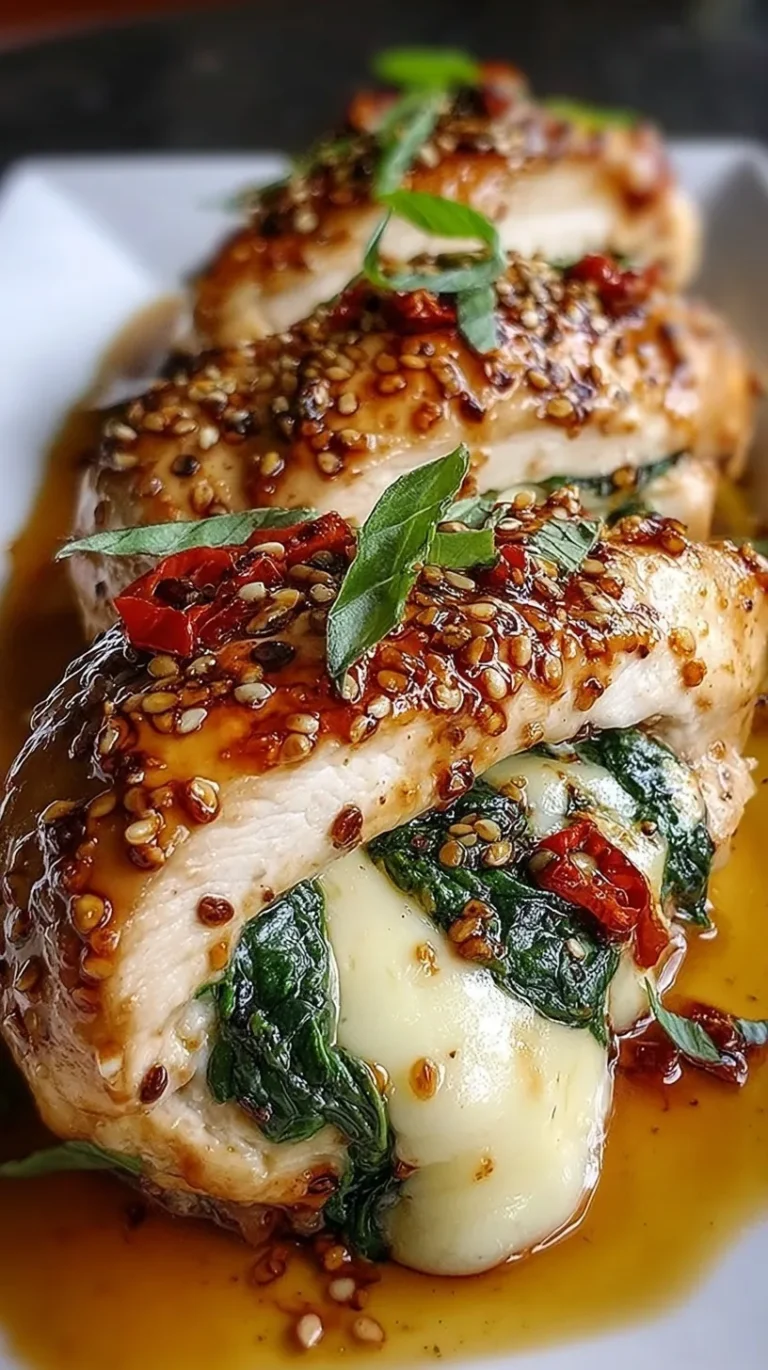 Golden brown stuffed chicken breast with melted mozzarella and spinach inside a garlic glaze.