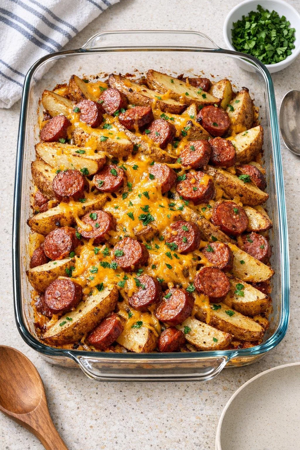 Cheesy sausage and potato wedge bake in a glass casserole dish