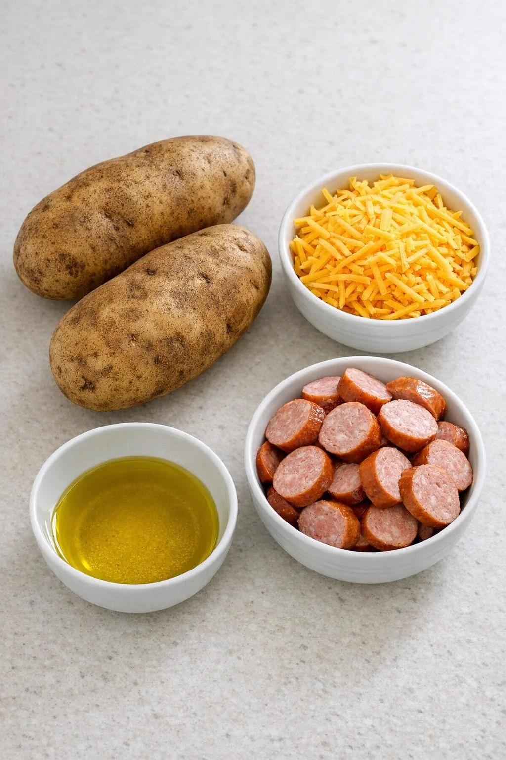 Potatoes, smoked sausage, cheddar, and olive oil for the bake