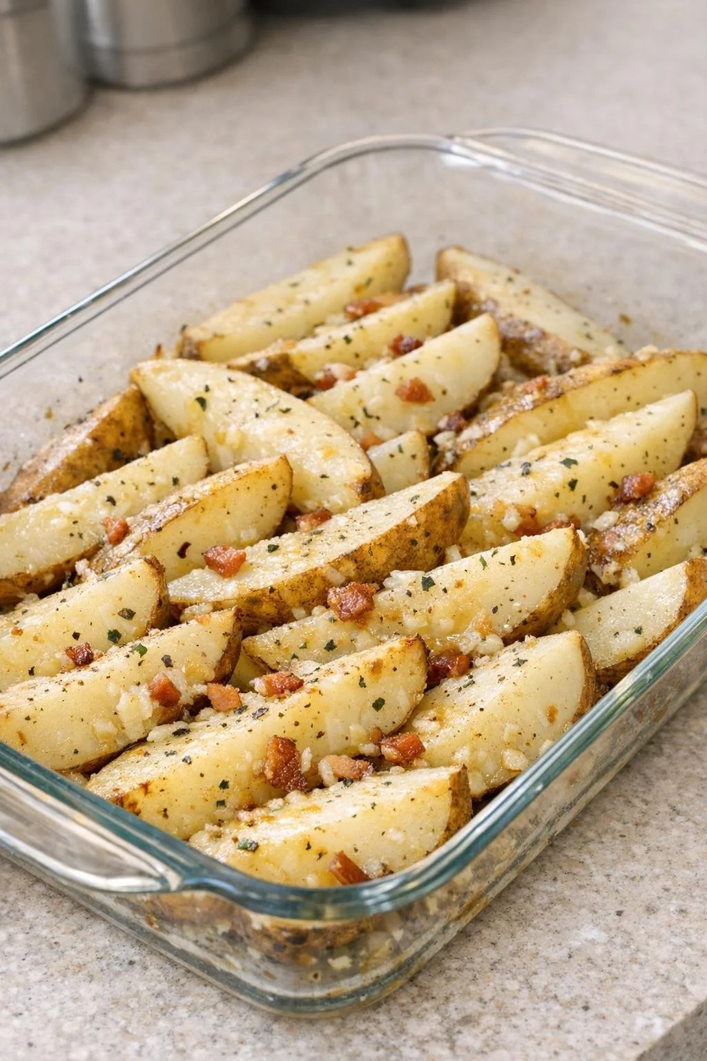 Partly baked potato wedges in a glass baking dish