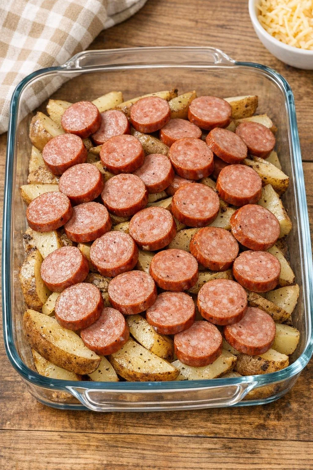Smoked sausage slices added to the potato wedges