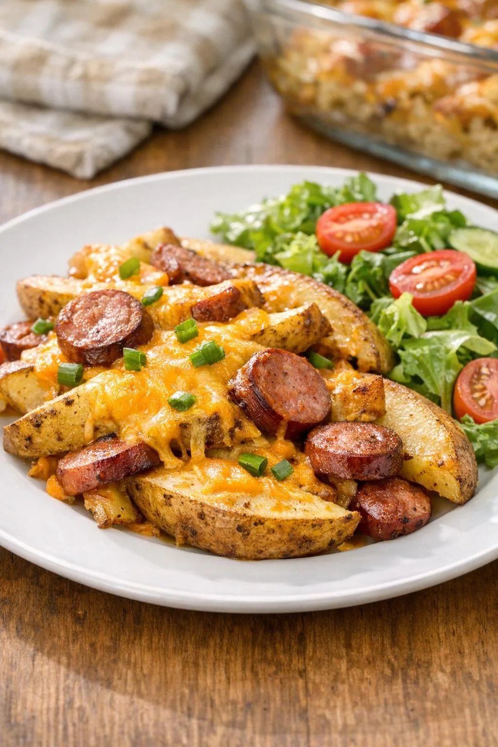 Finished cheesy sausage and potato wedge bake served on a plate