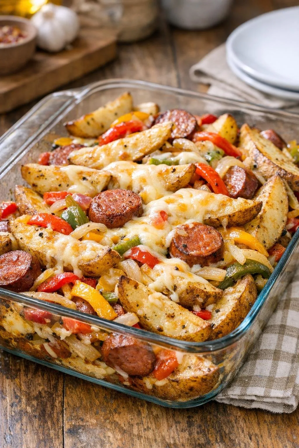 Potato and sausage bake with peppers and onions