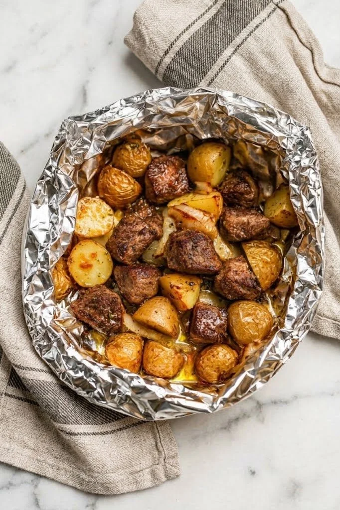 Steak and Potato Foil Packs ready for grilling, featuring tender steak and seasoned potatoes.