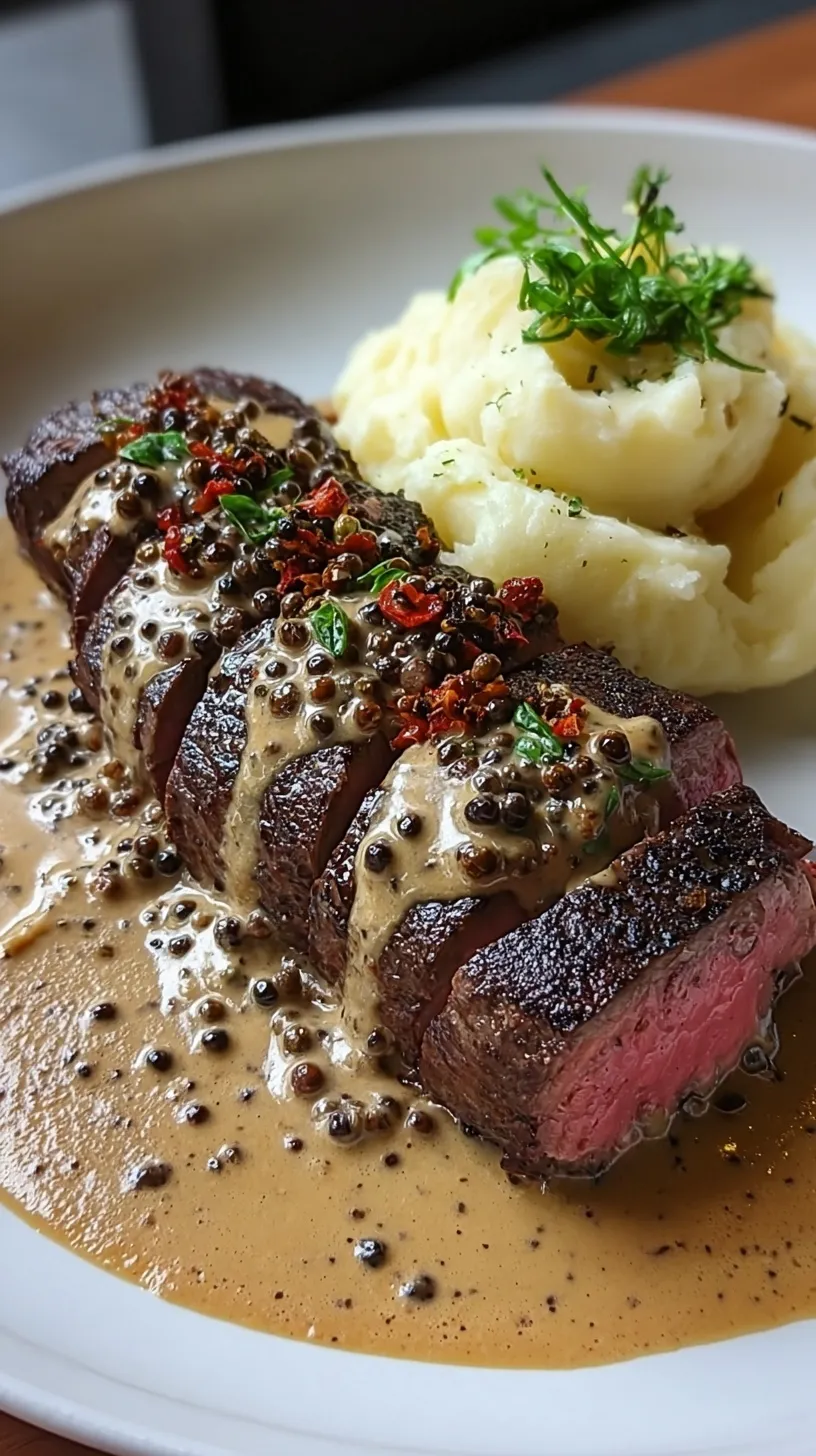 Seared beef tenderloin with creamy peppercorn sauce and smooth mashed potatoes on a white plate