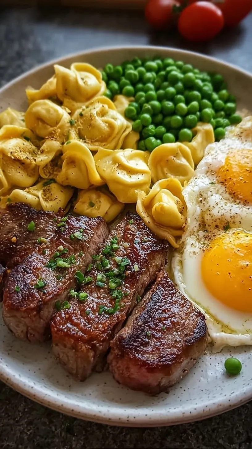 A pan-seared steak sliced next to buttered cheese tortellini, green peas, and two sunny-side-up fried eggs.