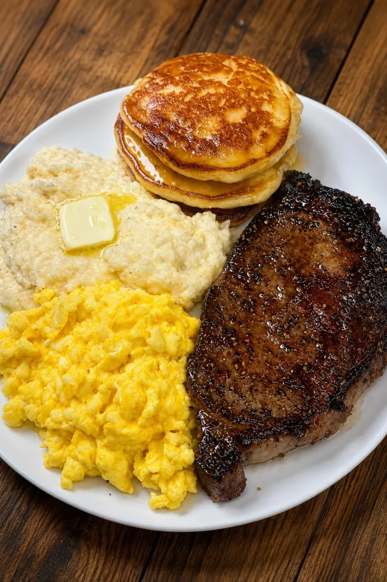 Delicious steak and grits served with cheesy eggs and pancakes